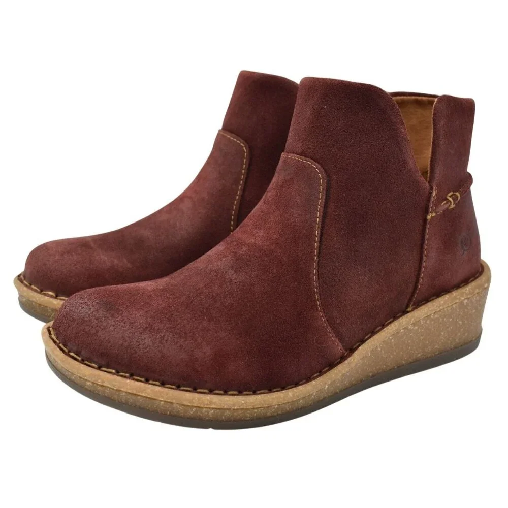 Born Womens Size 7 Viv Dark Red Distressed Leather Zip Booties Boots Shoes‎